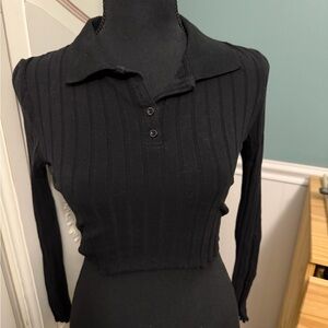 Black Ribbed Long Sleeve Polo cropped Top